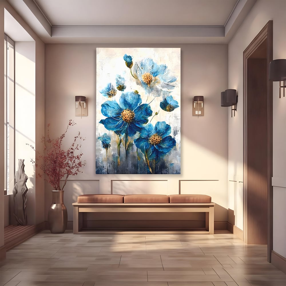 Tablou canvas cu pictura verticala cu flori albastre, fara rama, pe sasiu de lemn
